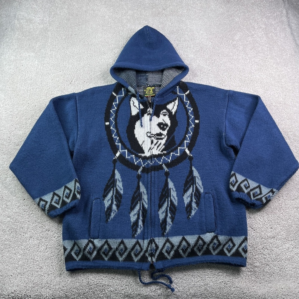 Tejidos Ruminahui Jacket Mens Medium Blue Wool‎ Wolf Dreamcatcher Native Sweater